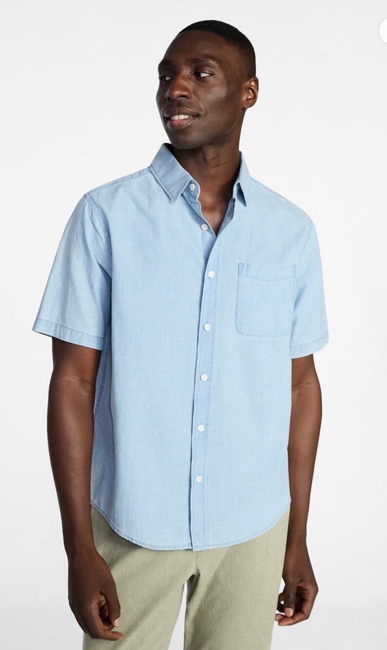 George Big Men Modern Fit Chambray Button Up Shirt Short Sleeves light wash 2XL